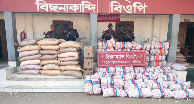 সিলেট সীমান্তে ৭২ লাখ টাকার ভারতীয় চোরাই পণ্য উদ্ধার