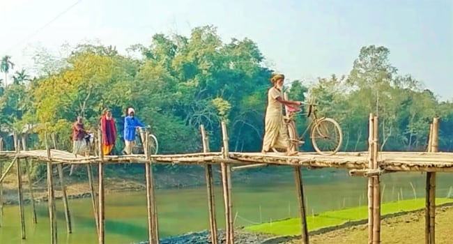 নড়বড়ে বাঁশের সাঁকোয় ঝুঁকিপূর্ণ পারাপার