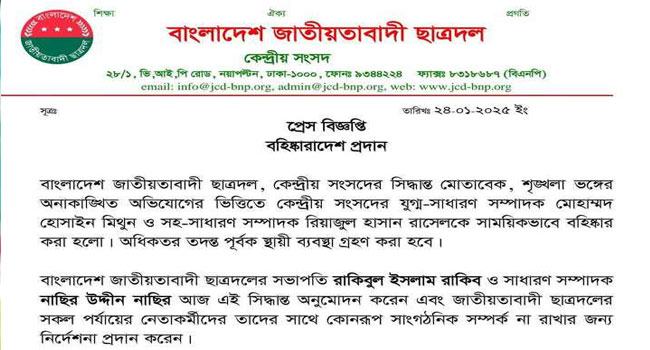 শৃঙ্খলাভঙ্গের দায়ে ছাত্রদলের মিথুন-রাসেল বহিষ্কার