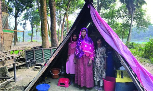 স্বামীর ভিটে হারিয়ে ২ মেয়েকে নিয়ে গোমতীর চরে নারী