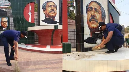 নিজ হাতে বঙ্গবন্ধুর ম্যুরাল পরিষ্কার করলেন সিনিয়র এএসপি