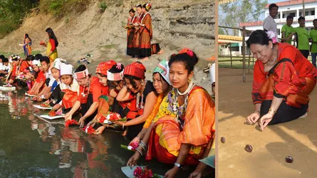 বর্ষবরণে সাঙ্গু নদীতে ফুল ভাসালো তঞ্চঙ্গ্যা তরুণীরা