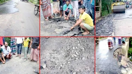 হাতে টান দিলেই উঠে যাচ্ছে নতুন রাস্তার কার্পেটিং