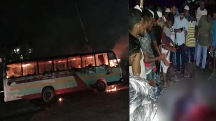 মোটর সাইকেল চালকের মৃত্যু, বাসে আগুন