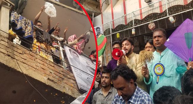 ইশরাকের গণসংযোগে ফুল ছিটিয়ে সাধারণ ভোটারদের অভিনন্দন