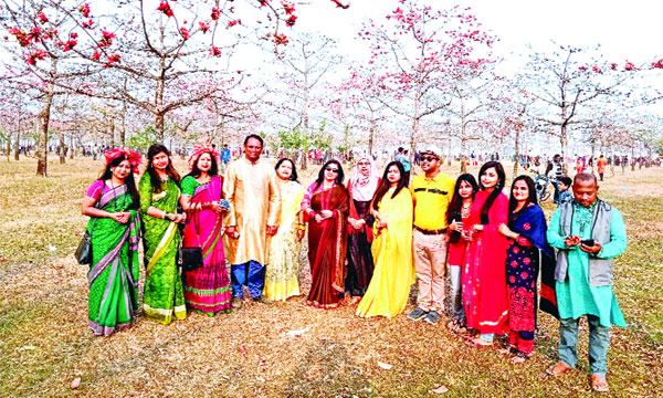 তাহিরপুরে শিমুল বাগানে সৌন্দর্যপ্রেমীদের ঢল
