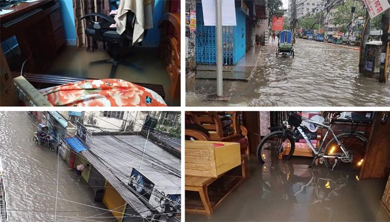 টানা বর্ষণে নারায়ণগঞ্জের অনেক বাসাবাড়িতে ঢুকে পড়েছে পানি