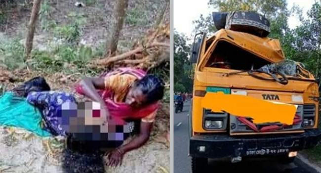 নারীকে চাপা দিয়ে পালাতে গিয়ে গাছের সাথে ধাক্কা ট্রাকের