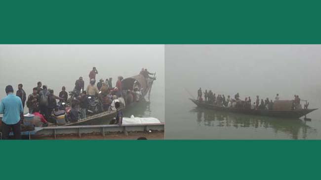 ঝুঁকি নিয়ে কুয়াশার মধ্যে ট্রলারে নদী পার হন যাত্রীরা, নাই নজরদারি
