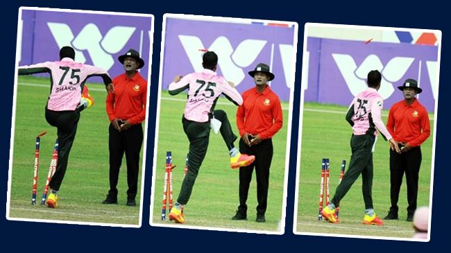 আউট না দেয়ায় লাথি মেরে স্টাম্প ভাঙলেন সাকিব
