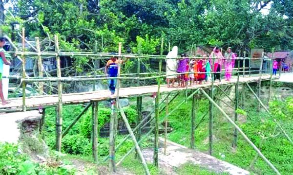 ভোলাহাটে ৫ বছর পর ভাঙা সেতুর স্থানে বাঁশের সাঁকো