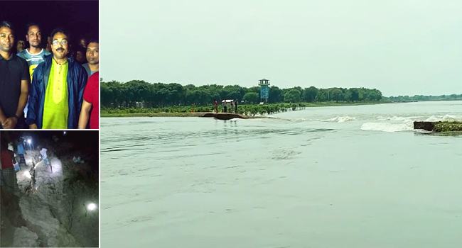 বাঁধ ভেঙ্গে টাঙ্গুয়ার হাওরে ঢুকছে পানি