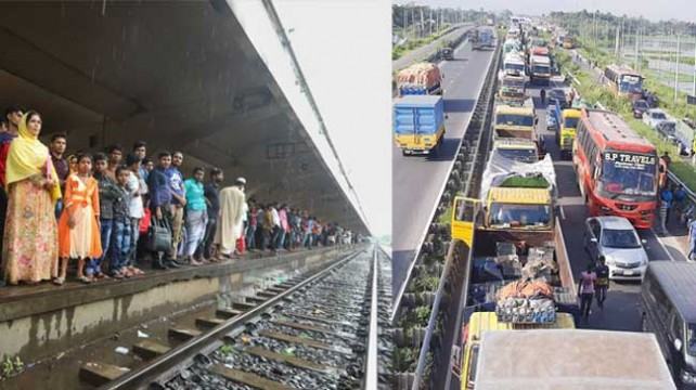 ট্রেনে স্বস্তি, ঢাকা-টাঙ্গাইল মহাসড়কে দীর্ঘ যানজট