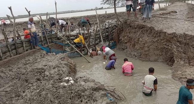পাইকগাছায় স্বেচ্ছাশ্রমে বাঁধ মেরামত : অরক্ষিত এলাকা প্লাবিত