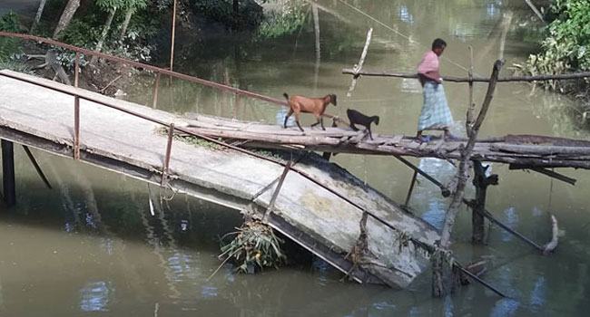 মুলাদীতে ভাঙা সেতু দিয়ে পারাপারে ভোগান্তি