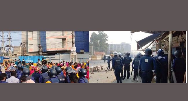 শ্রমিক বিক্ষোভ ও মহাসড়ক অবরোধে পুলিশের টিয়ারসেল নিক্ষেপ