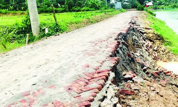 ভালুকায় নির্মাণের ১৫ দিনের মাথায় রাস্তা ধসে পড়ল মাছের খামারে