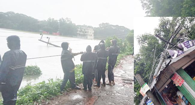 ভারীবর্ষণ ও পাহাড়ী ঢলে খুঁটি উপড়ে বিদ্যুৎ লাইন ক্ষতিগ্রস্ত