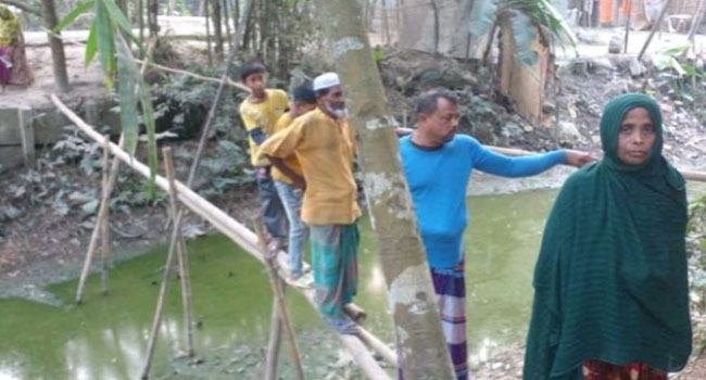সেতু নেই, বাঁশের সাঁকোয় ঝুঁকিপূর্ণ পারাপার মানুষের