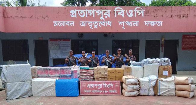 সিলেট সীমান্তে বিজিবির অভিযানে কোটি টাকার চোরাই পণ্য জব্দ