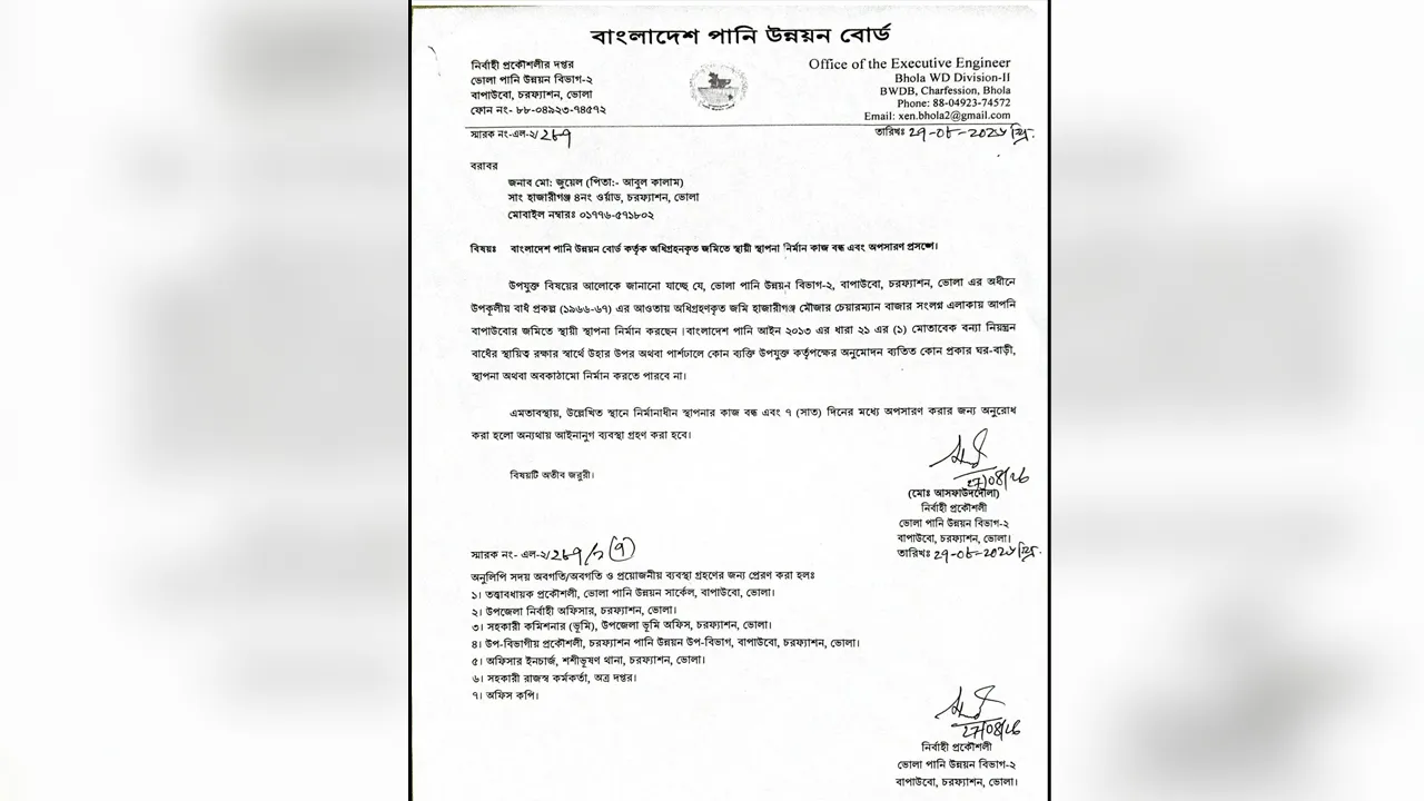 বেড়িবাঁধে নির্মাণাধীন বহুতল ভবন অপসারণের নির্দেশ