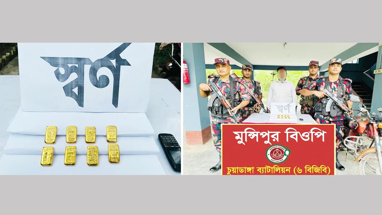 দামুড়হুদা সীমান্তে বিজিবির অভিযানে ৮টি স্বর্ণের বার উদ্ধার, আটক ১