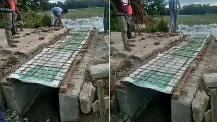 দোয়ারাবাজারে ধসেপড়া সেই কালভার্টে বাঁশের স্থলে রড দিয়ে পুনঃনির্মাণ
