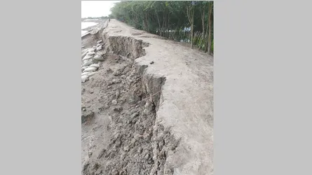 কপোতাক্ষ নদের কয়রার বেড়িবাঁধে ধস, উৎকণ্ঠায় উপকূলবাসী