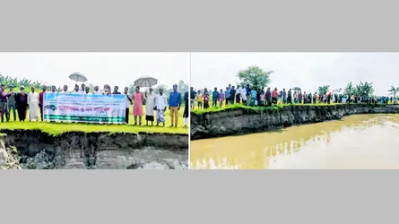 ভূরুঙ্গামারীতে নদী ভাঙন রোধে স্থায়ী বাঁধ নির্মাণের দাবিতে মানববন্ধন