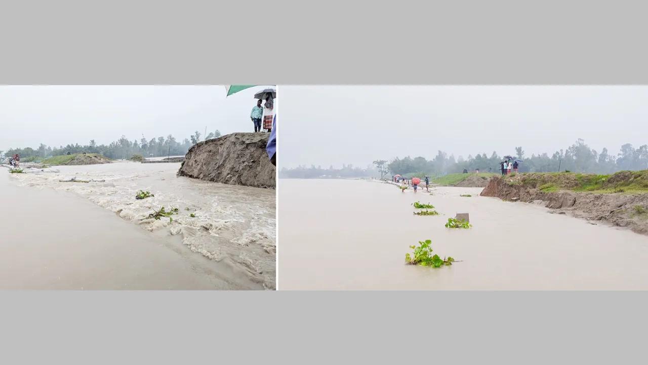 নাগেশ্বরীতে দুধকুমার নদের বাঁধ ভেঙে লোকালয়ে পানি, পানিবন্দী ২০ গ্রামের মানুষ