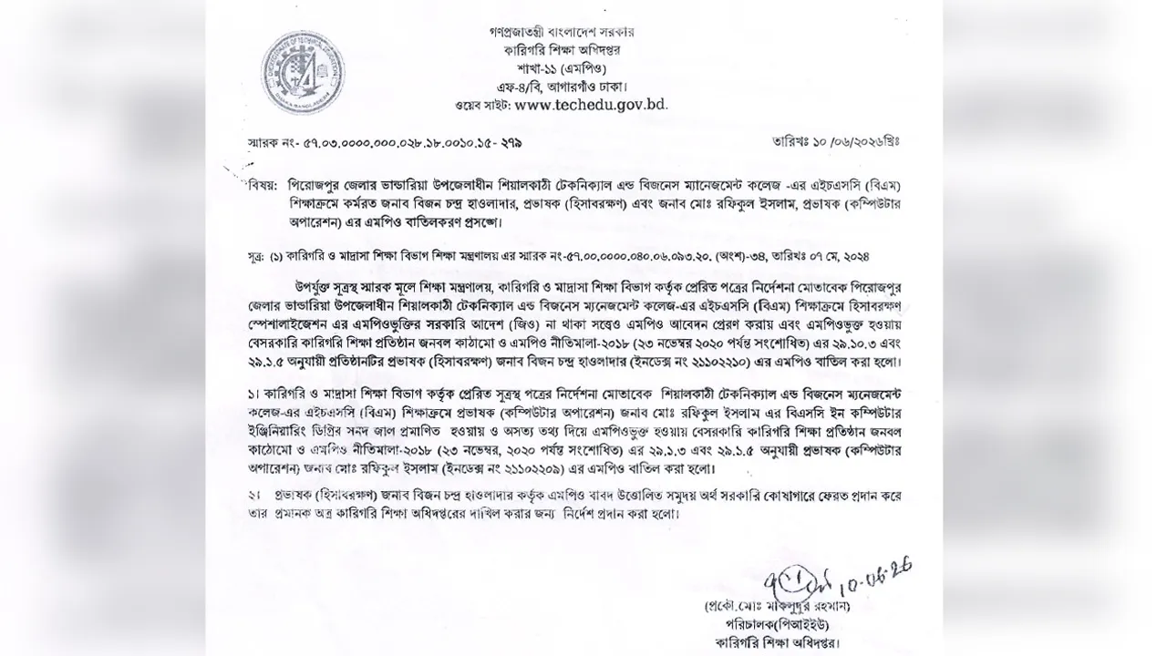 ভাণ্ডারিয়ায় জাল সনদে ২ কলেজ শিক্ষকের এমপিও বাতিল