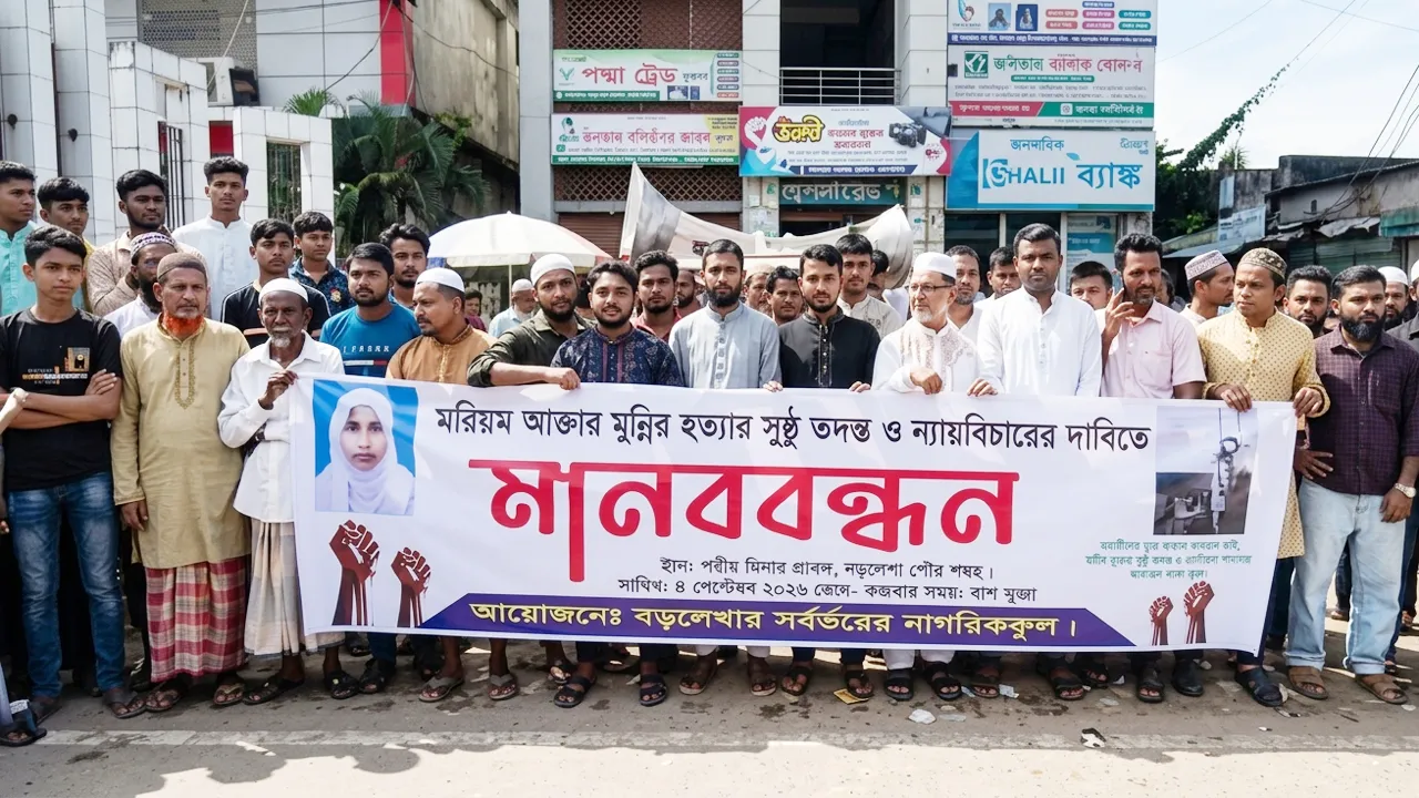 বড়লেখায় গৃহবধূ মুন্নির মৃত্যুর রহস্য উদ্ঘাটনের দাবিতে মানববন্ধন