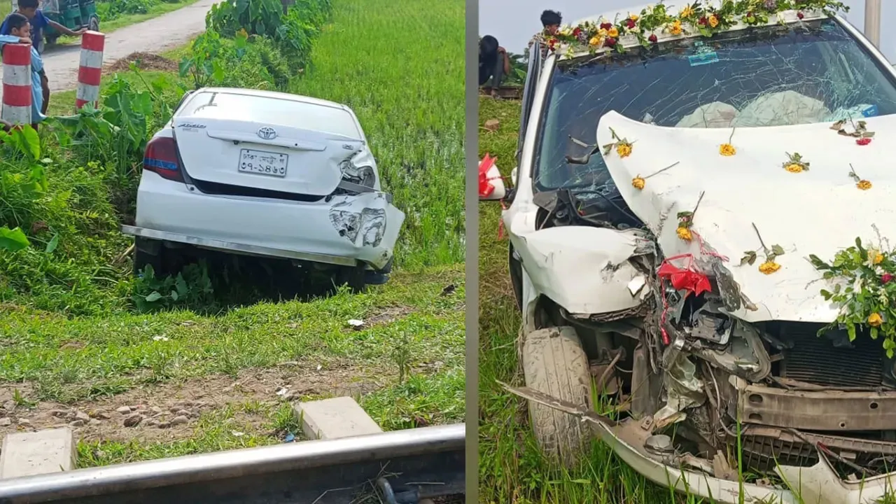 ময়মনসিংহে ট্রেনের ধাক্কায় প্রাইভেটকার ছিটকে পড়ল ধানক্ষেতে