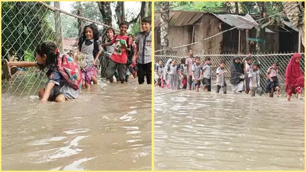 হাঁটু পানি মাড়িয়ে স্কুলে যেতে হচ্ছে বদলগাছীর ১৩২ শিক্ষার্থীকে