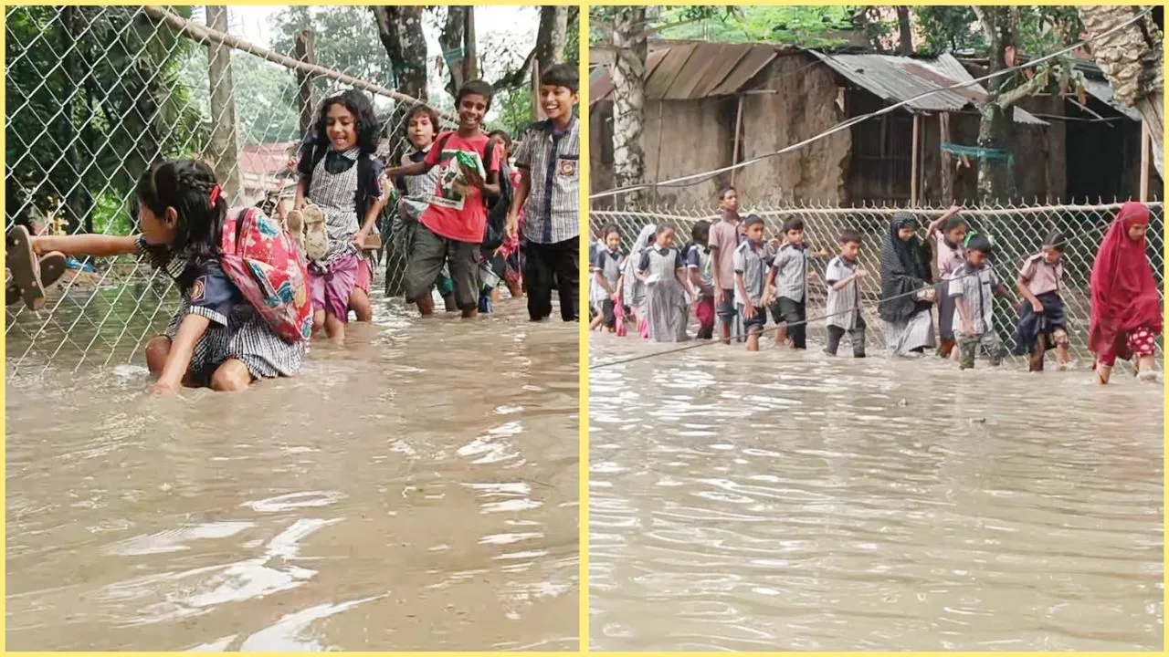 হাঁটু পানি মাড়িয়ে স্কুলে যেতে হচ্ছে বদলগাছীর ১৩২ শিক্ষার্থীকে