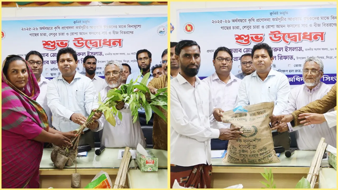 সিংড়ায় কৃষকদের মাঝে বিনামূল্যে গাছের চারা বিতরণ