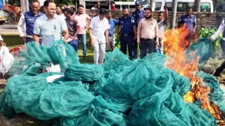 নেত্রকোনায় মৎস্যসম্পদ রক্ষায় নিষিদ্ধ চায়না দুয়ারী জাল জব্দের পর ধ্বংস