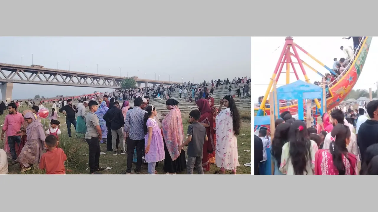 শিবচরে ঈদ আনন্দে পদ্মাপাড়ে দর্শনার্থীদের উপচে পড়া ভিড়