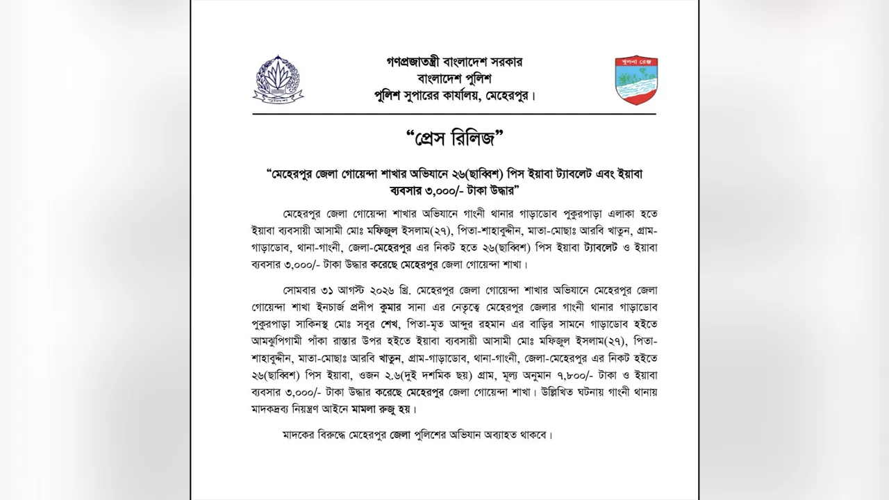 গাংনীতে ডিবির অভিযানে ইয়াবাসহ মাদককারবারি গ্রেফতার