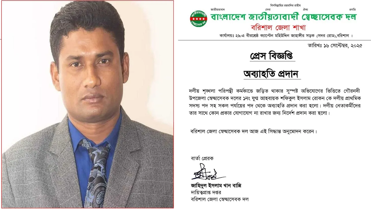গৌরনদীতে সরকারি গাছ কাণ্ডে স্বেচ্ছাসেবক দল নেতা বহিষ্কার