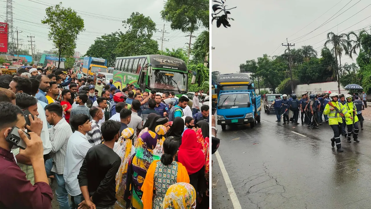 সোনারগাঁওয়ে বেতনের দাবিতে মহাসড়ক অবরোধ : টিয়ারশেল নিক্ষেপ, লাঠিচার্জ