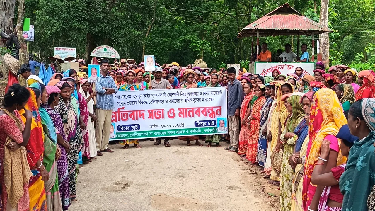 চুনারুঘাটে বাগান নিয়ে অপপ্রচার ও ষড়যন্ত্রের বিরুদ্ধে চা শ্রমিকদের বিক্ষোভ