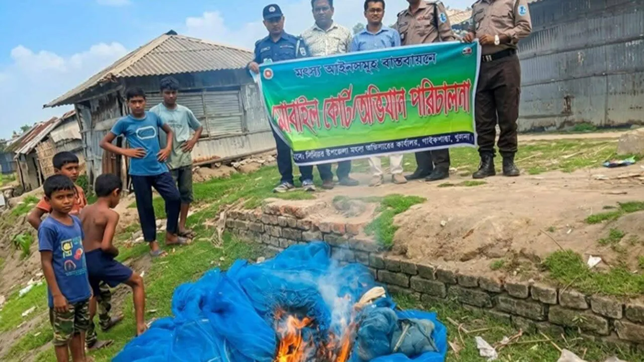 পাইকগাছায় নদী থেকে পোনা আহরণ, অবৈধ জাল জব্দ