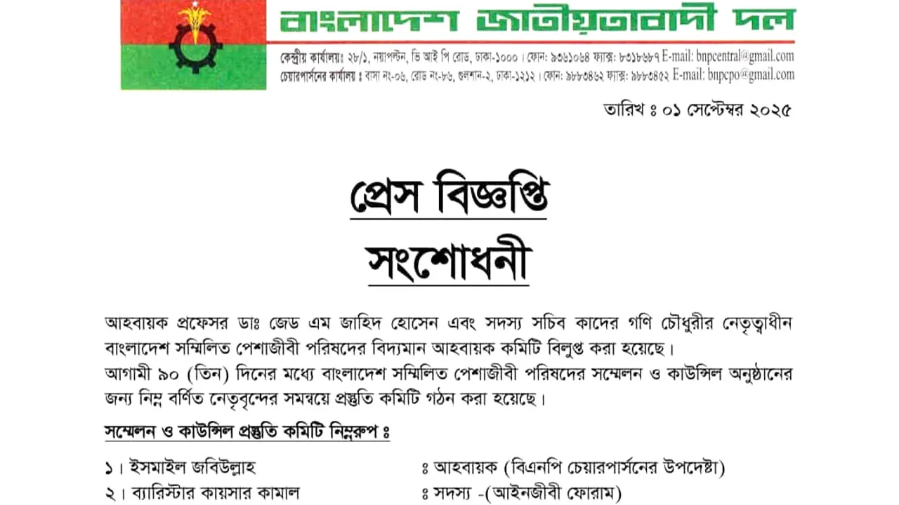 বাংলাদেশ সম্মিলিত পেশাজীবী পরিষদের কমিটি বিলুপ্ত