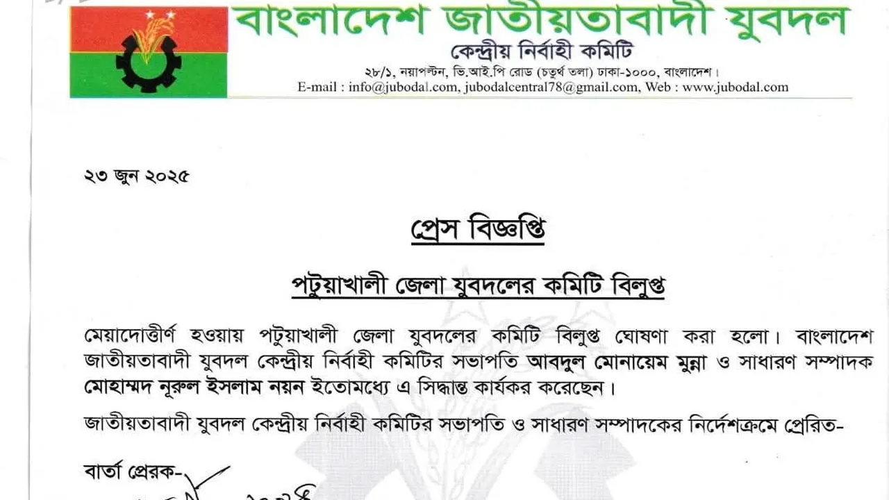 পটুয়াখালী জেলা যুবদলের কমিটি বিলুপ্ত