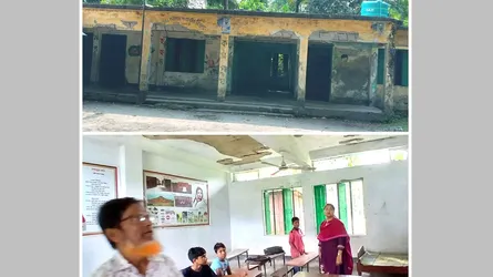 রাজাপুরে পরিত্যক্ত বিদ্যালয় ভবনে চলে শিশুদের পাঠদান