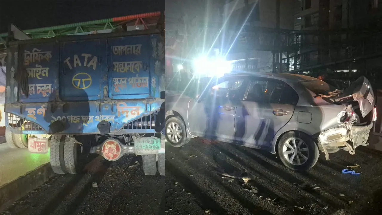 উত্তরায় মহাসড়কে ট্রাক-প্রাইভেটকারের মুখোমুখি সংঘর্ষ