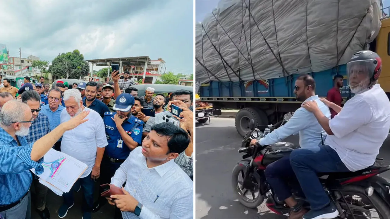 যানজটে আটকা পড়ে মোটরসাইকেলে সরাইল বিশ্বরোড পরিদর্শনে সড়ক উপদেষ্টা