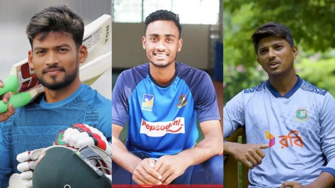 মাইলফলকের সামনে দাঁড়িয়ে শান্ত-শরিফুল ও মাহেদি