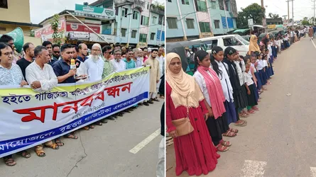 বড়লেখায় ব্যস্ত রেলক্রসিংয়ে ‘রেলগেট’ নির্মাণের দাবিতে এলাকাবাসীর মানববন্ধন